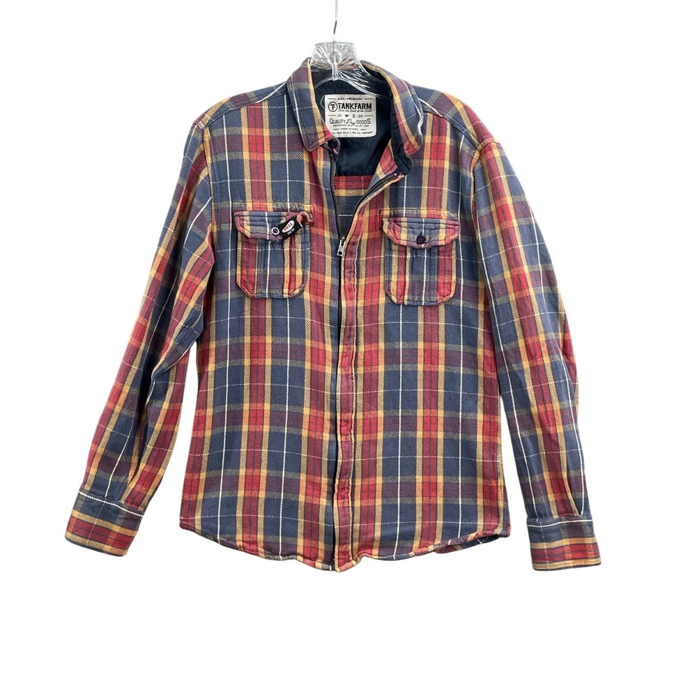 Tankfarm Zip Up‎ Flannel Shirt Womens Medium Red Blue Plaid Bell Patch Western
